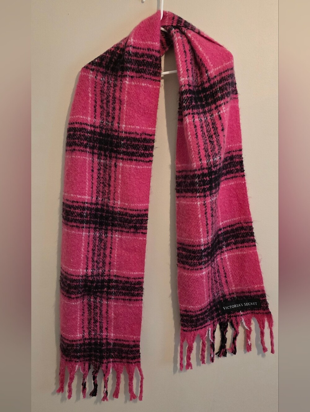 Victoria's Secret Hot Pink & Black Plaid Fringe Scarf